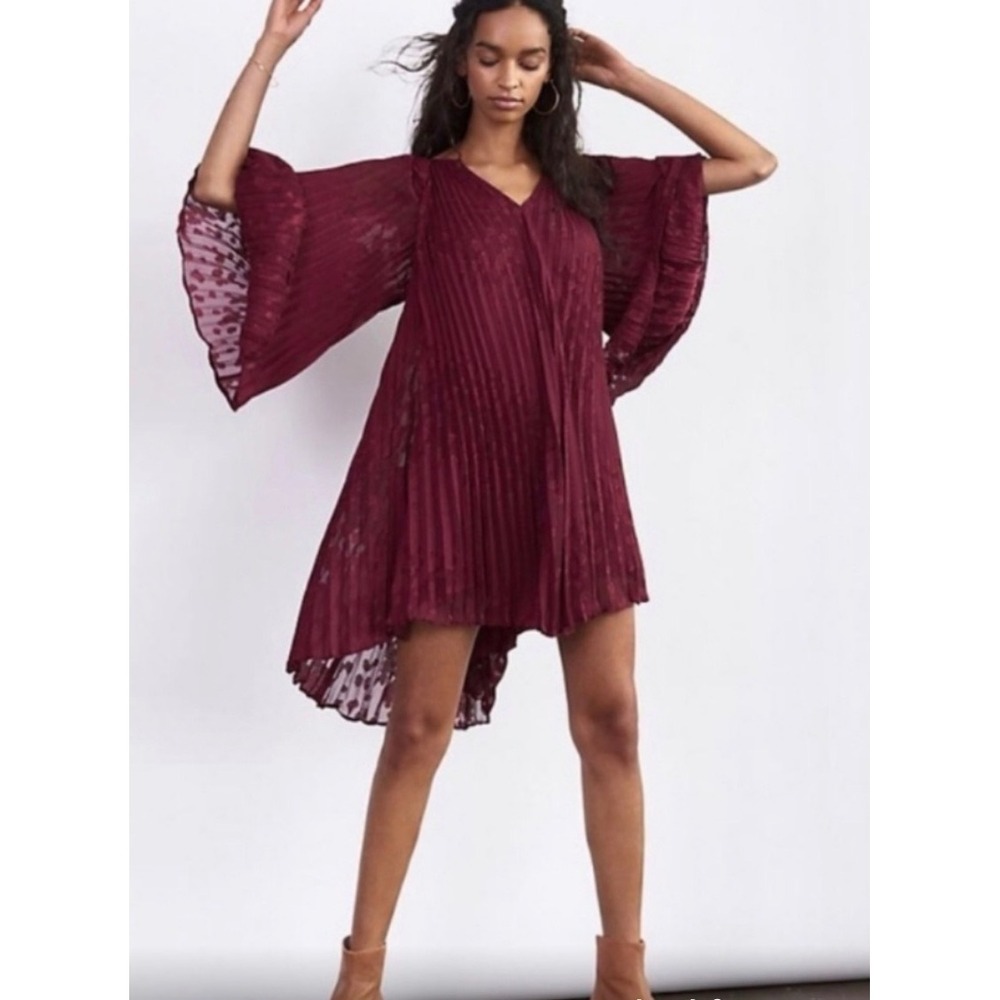 Anthropologie Pleated Flutter‎ Sleeve Dress Burgundy Floral Burnout Size S